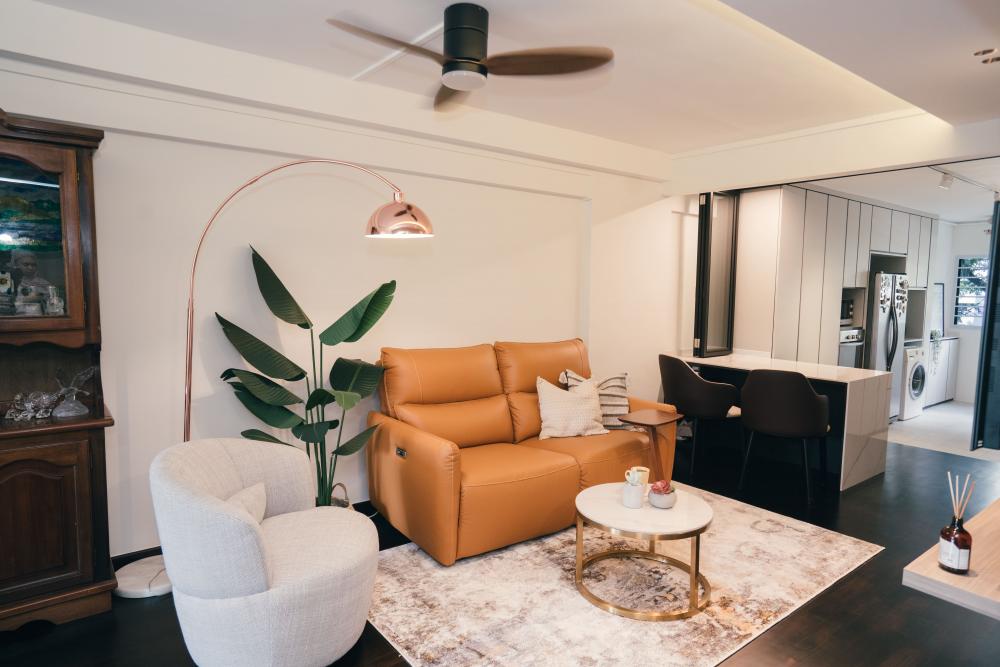 Modern Living Room with Countertop and Parquet Floor