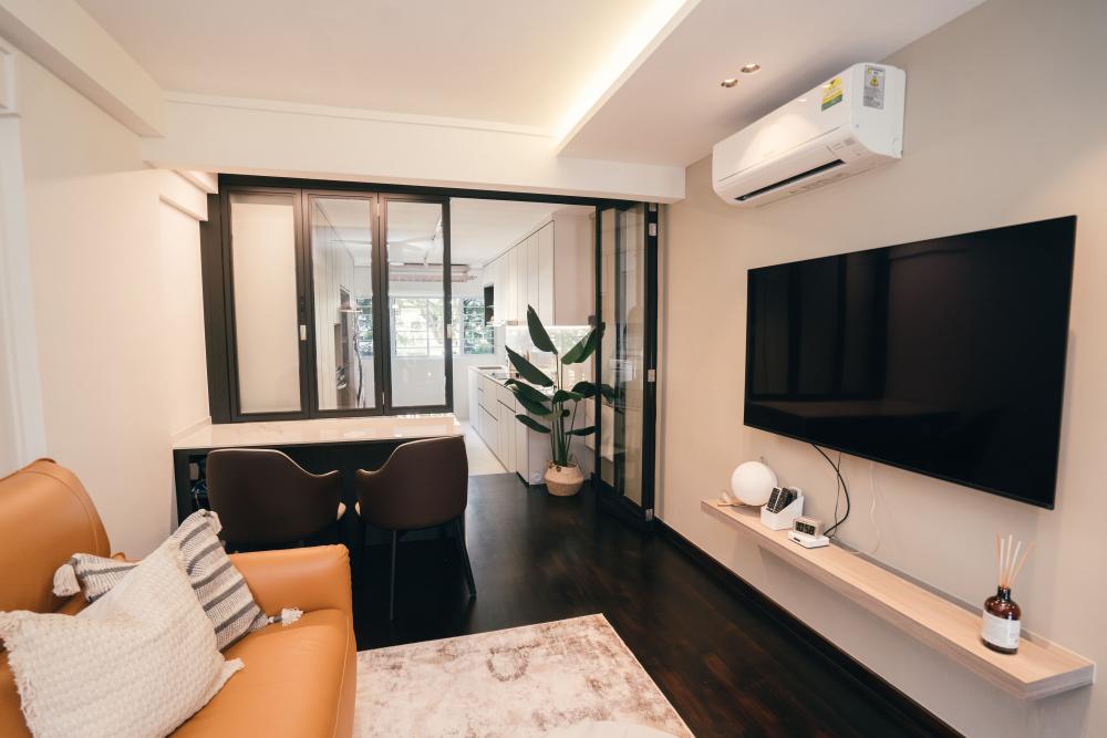 Modern Living Room with Parquet Floor and Cove Lighting