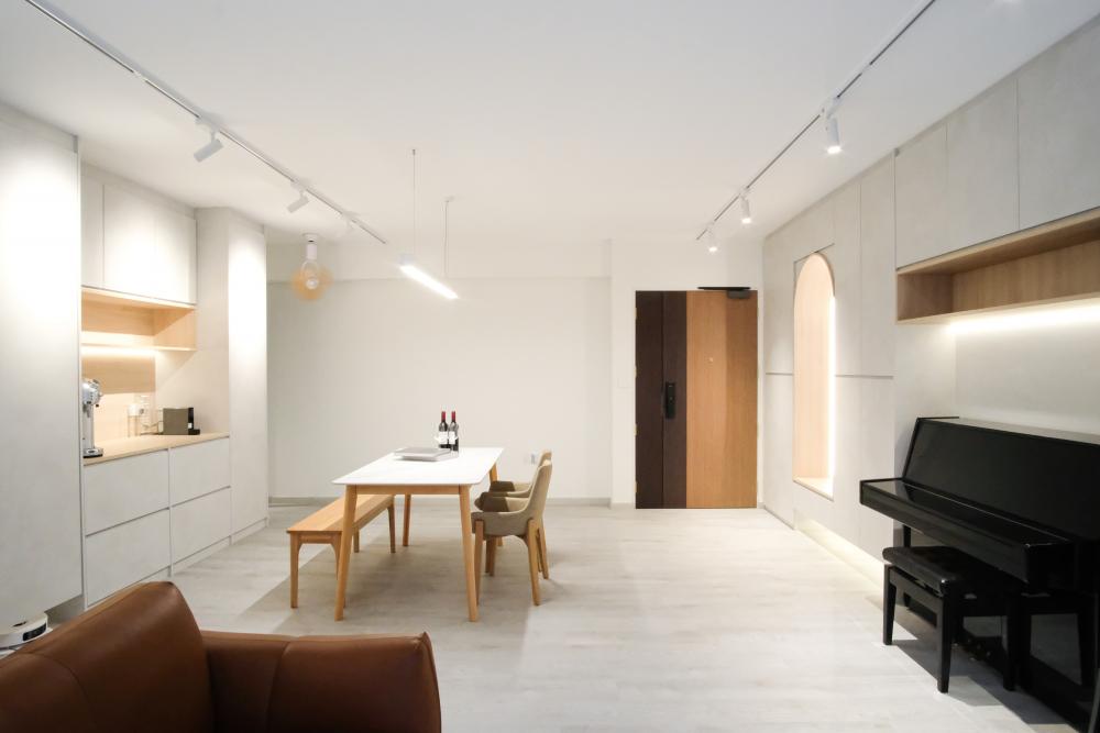 Minimalist Living Room with Countertop and Vinyl Flooring