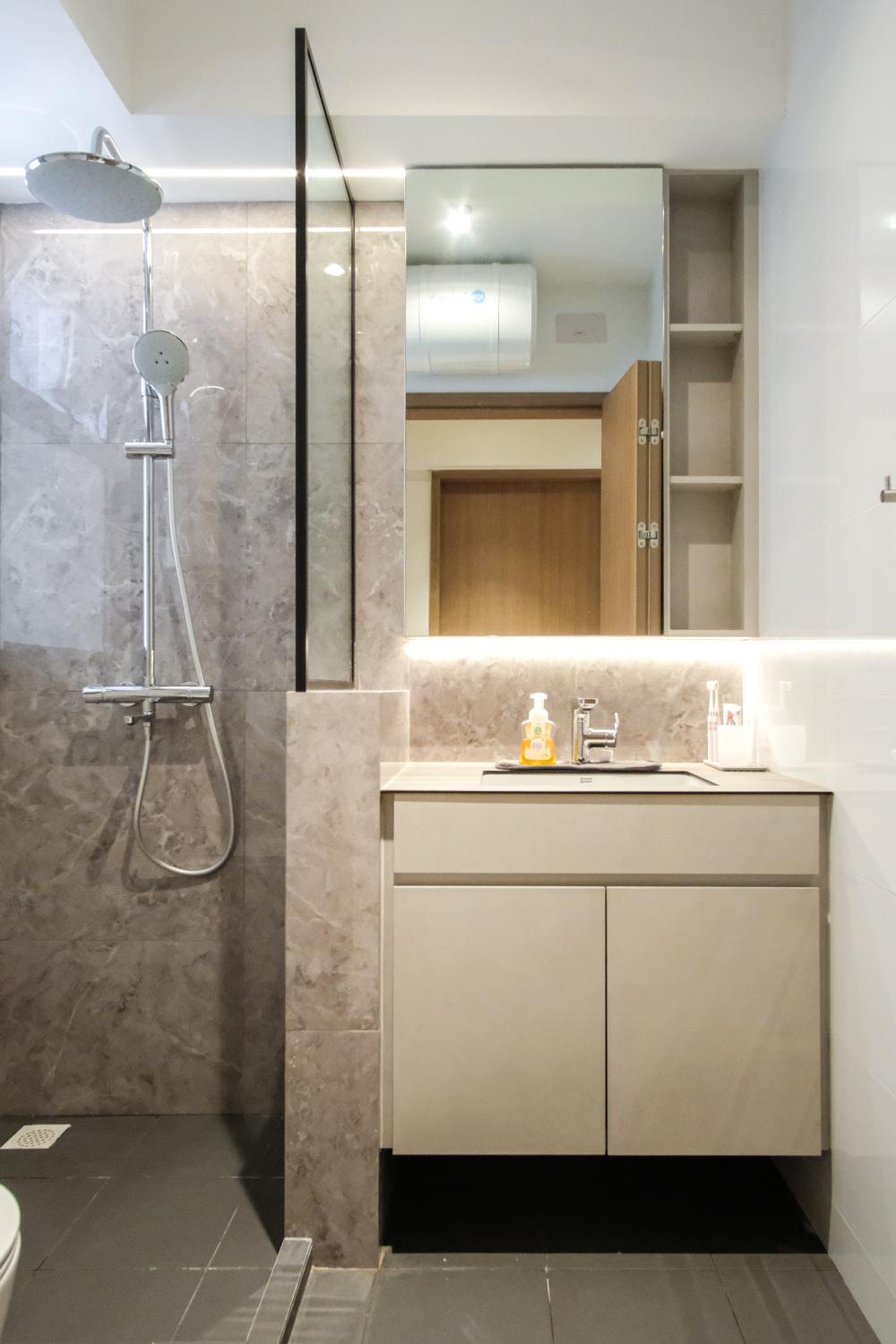 Minimalist Bathroom with Vanity Counter and Storage Cabinets