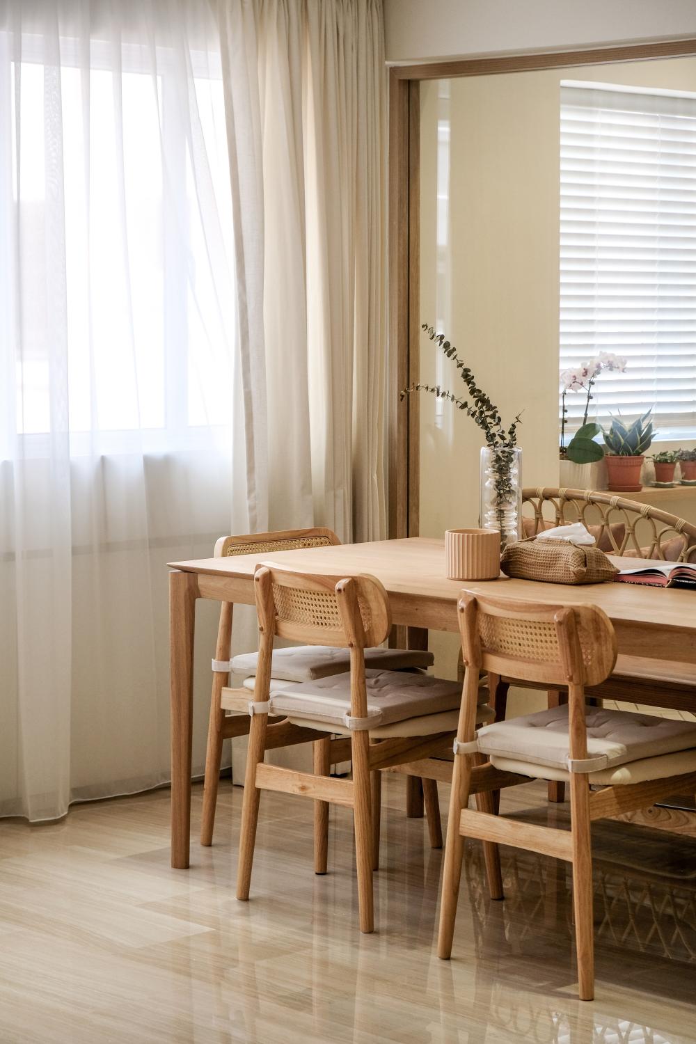 Minimalist Dining Room with Marble Floor and Curtain