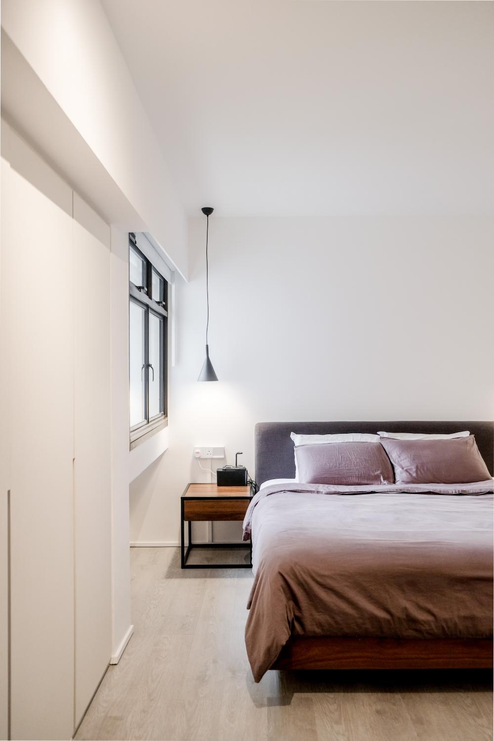 Transitional Bedroom with Roller Blinds and Bedside Table