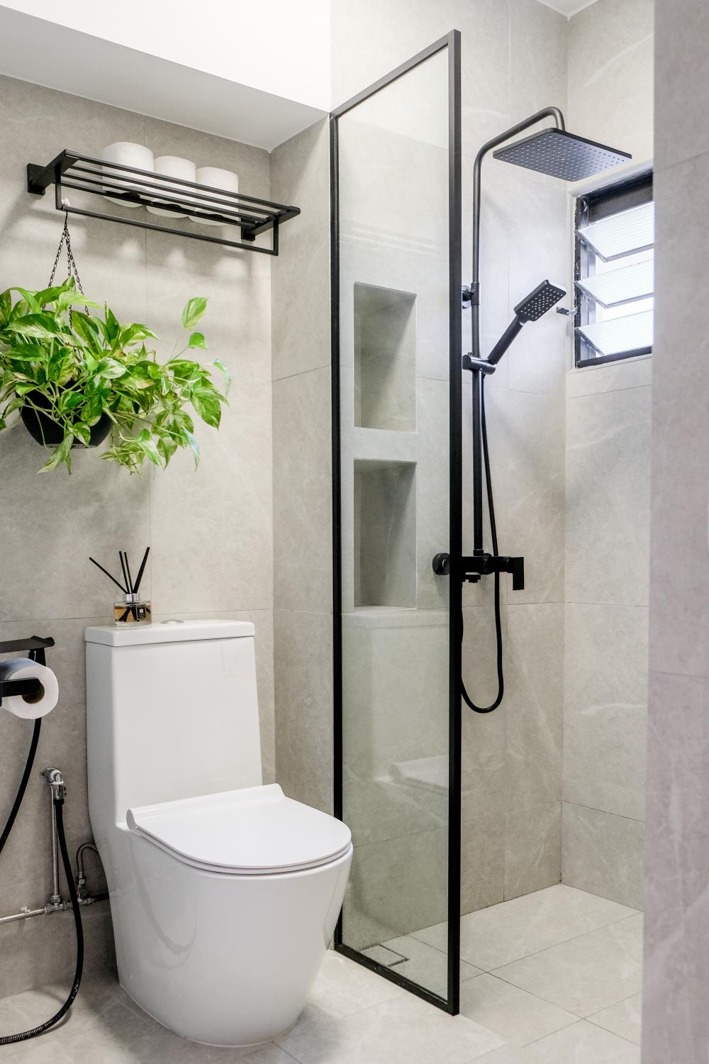 Transitional Bathroom with Wall Shelves and Showers