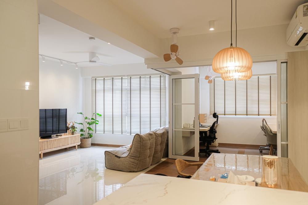 Scandinavian Living Room with Parquet Floor and TV Console