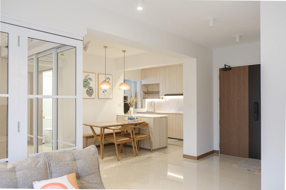 Scandinavian Living Room with Countertop and Downlights