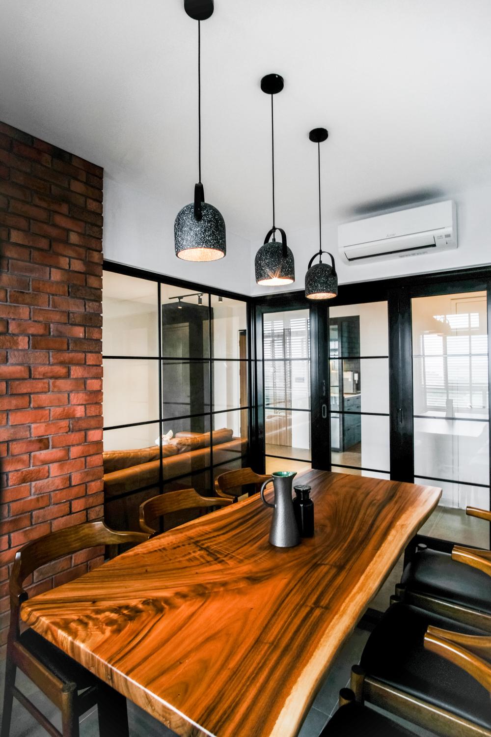 Industrial Dining Room with Feature Wall and Brick Feature Wall
