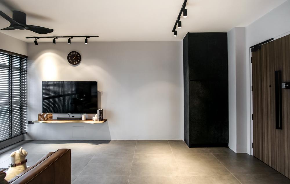 Industrial Entryway with TV and Shoe Cabinets