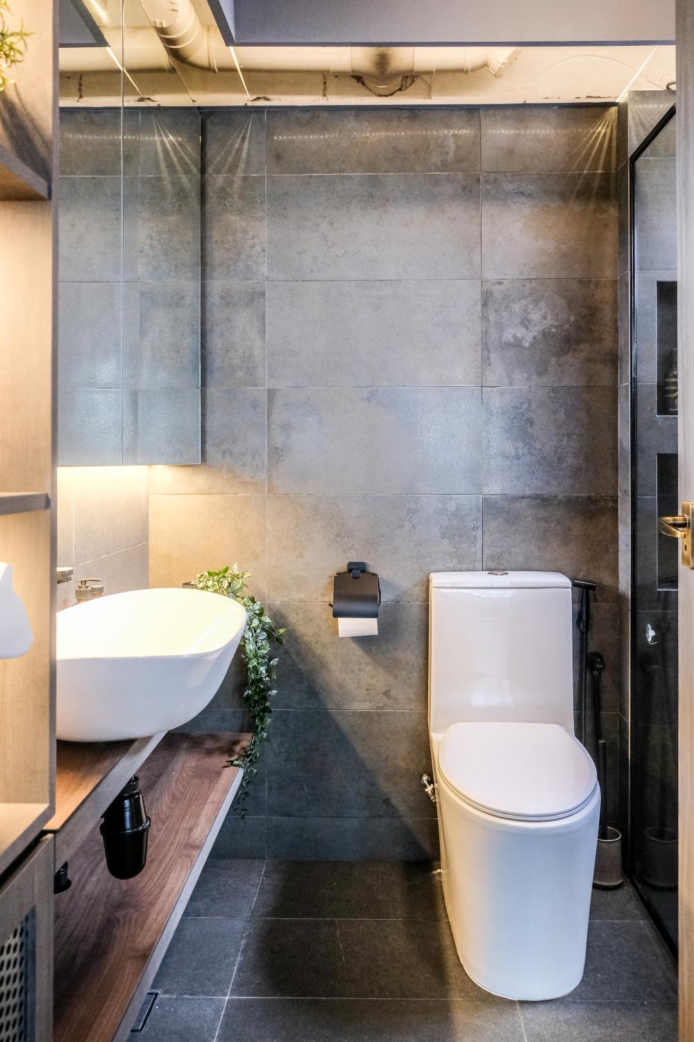 Industrial Bathroom with Vanity Counter and Storage Cabinets