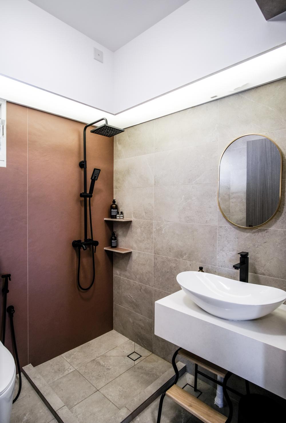 Industrial Bathroom with Vanity Counter and Wall Shelves