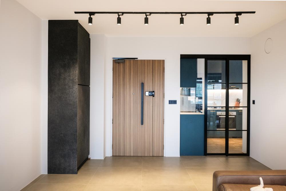 Industrial Entryway with Shoe Cabinets and Lighting