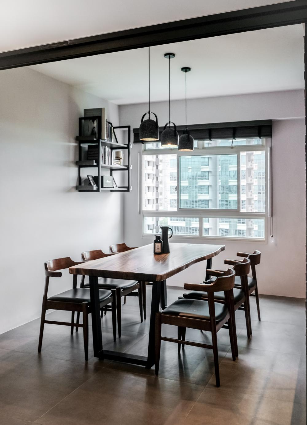 Industrial Dining Room with Wall Shelves and Lighting