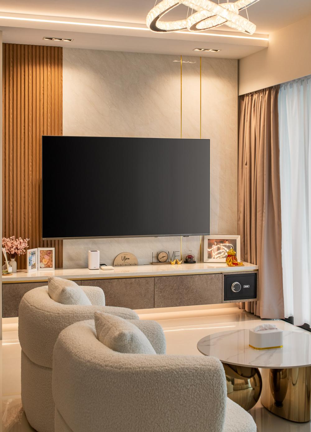 Contemporary Living Room with Feature Wall and Marble Feature Wall