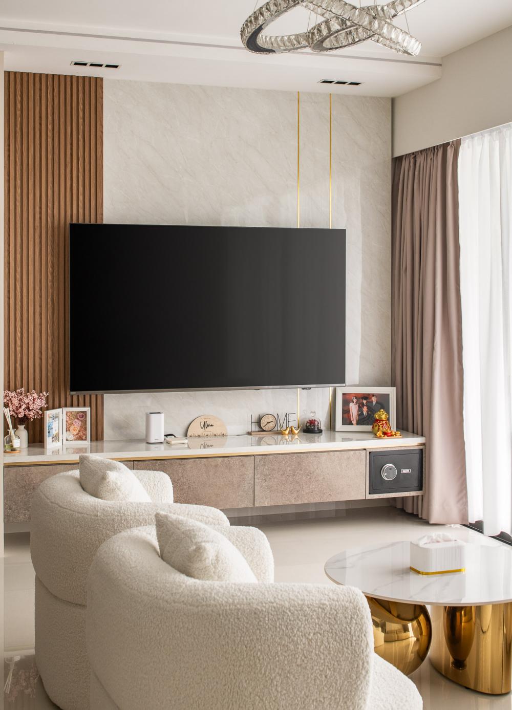 Contemporary Living Room with TV Console and Feature Wall