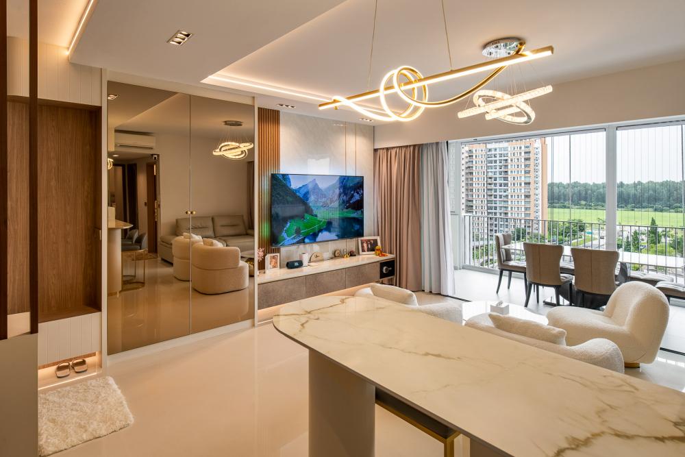 Contemporary Living Room with Homogeneous Tiles and TV Console