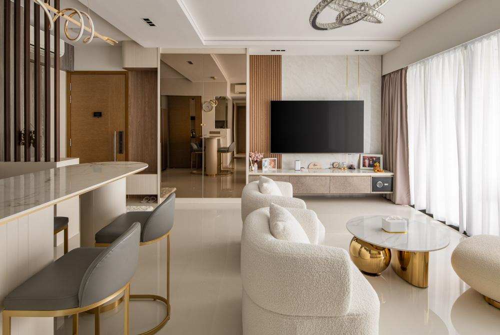 Contemporary Living Room with TV Console and Feature Wall