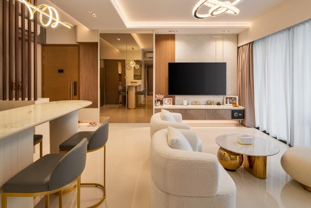 Contemporary Living Room with Homogeneous Tiles and Marble Floor