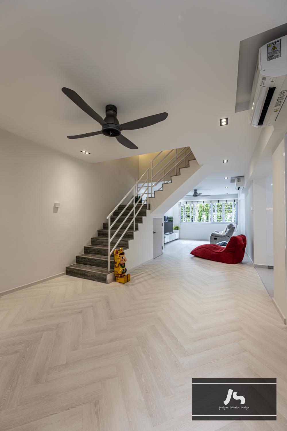 Minimalist Hallway with Staircase and Ceiling Fan