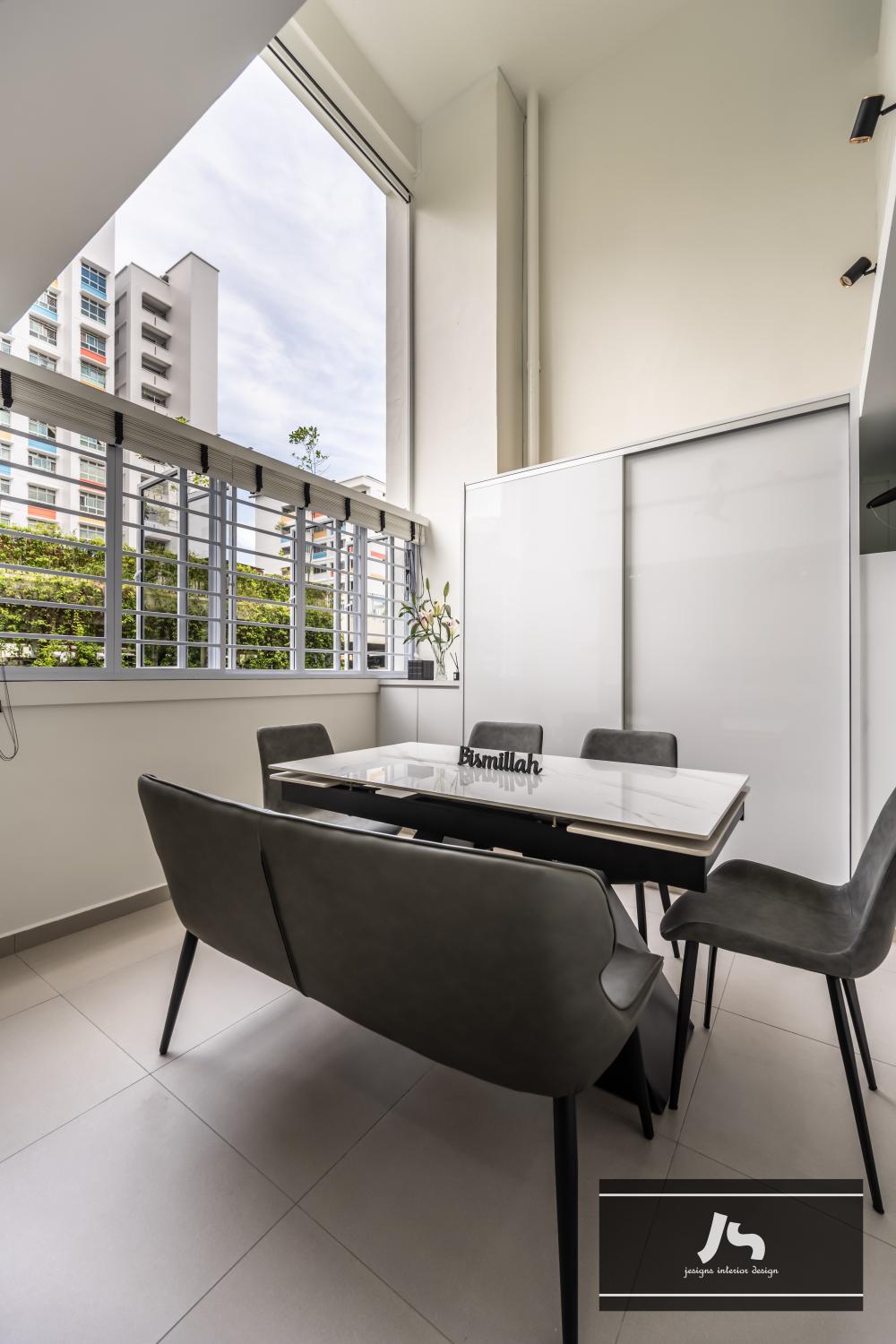 Minimalist Dining Room with Drop Light and Kitchen Window