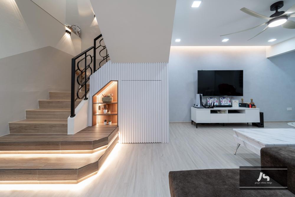 Scandinavian Living Room with TV Console and Staircase
