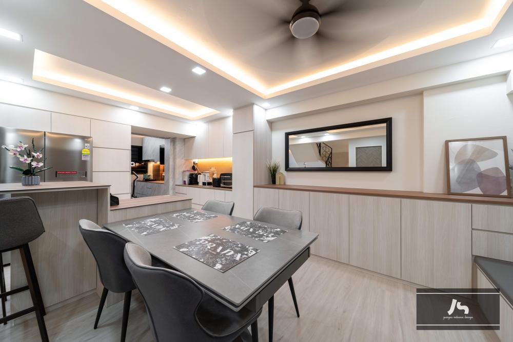 Scandinavian Dining Room with Cove Lighting and Drop Ceiling