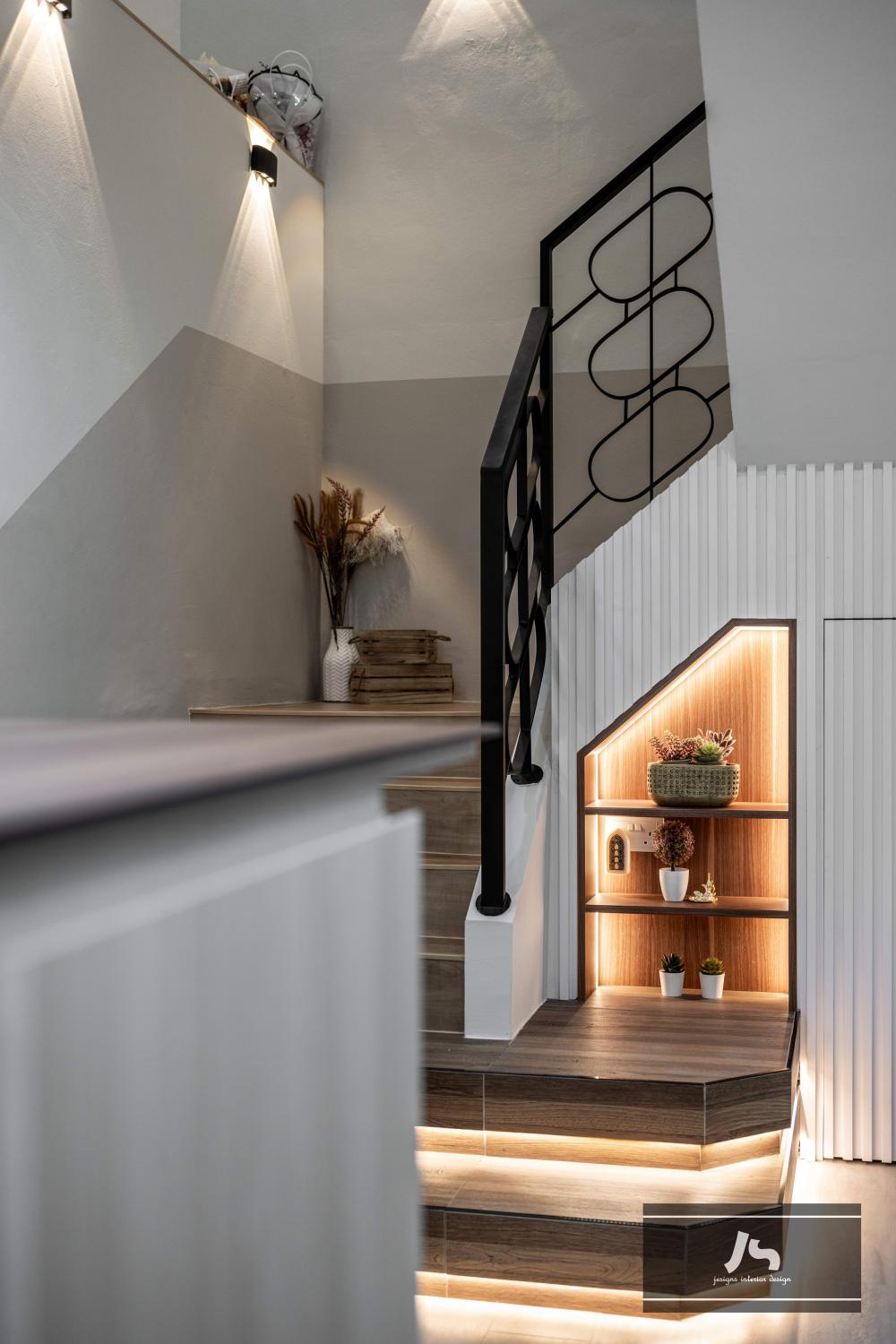 Scandinavian Living Room with Staircase and Ceiling Light