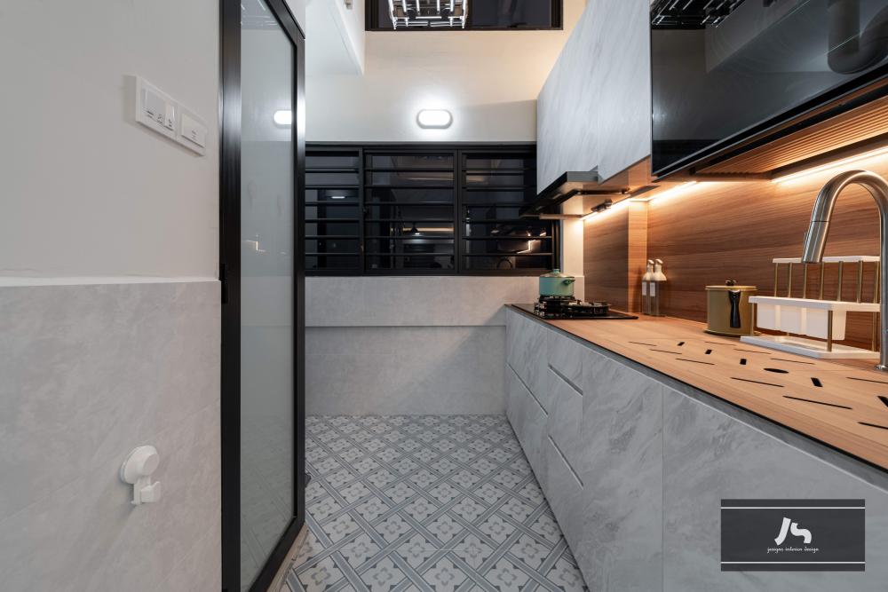 Scandinavian Kitchen with Countertop and Homogeneous Tiles