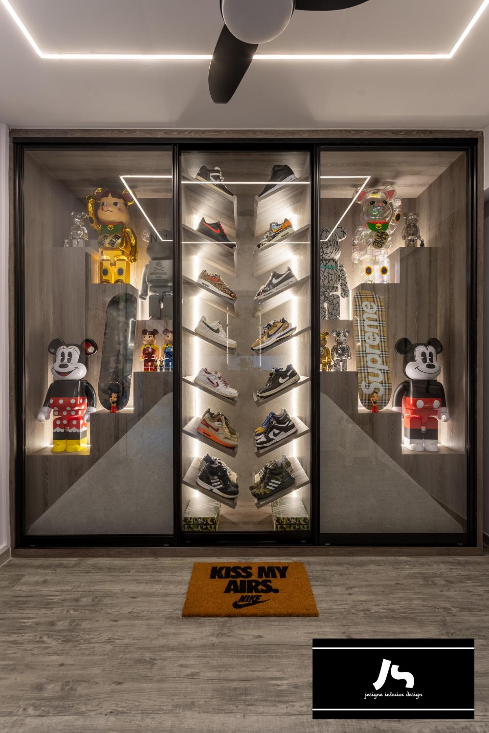 Eclectic Bedroom with Shoe Rack and Display Cabinets