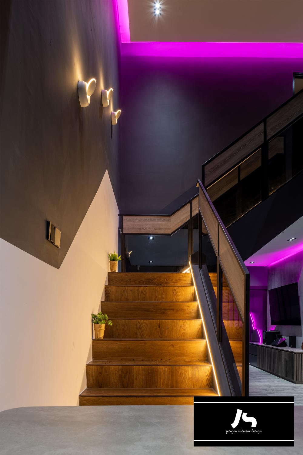 Eclectic Hallway with Staircase and Cove Lighting