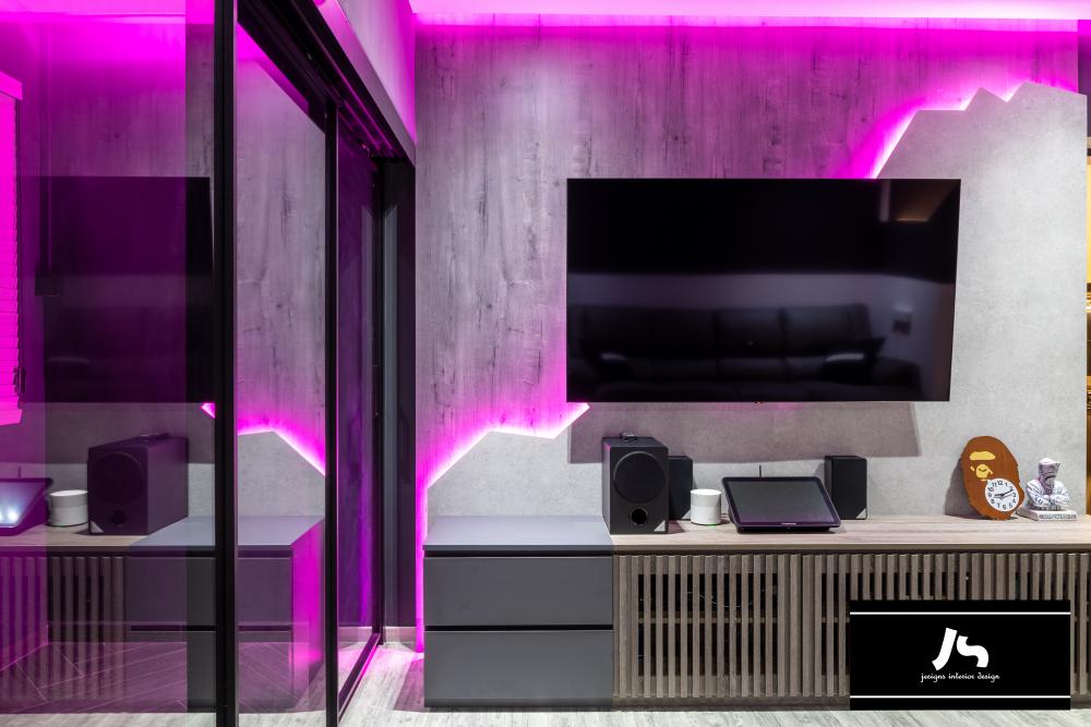 Eclectic Living Room with TV Console and Cove Lighting