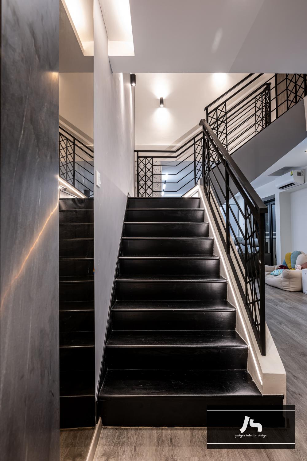 Modern Hallway with Drop Light and Staircase