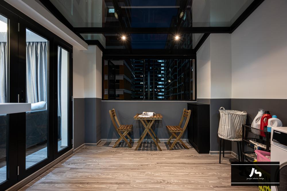 Modern Balcony with Window Seat and Laundry Area