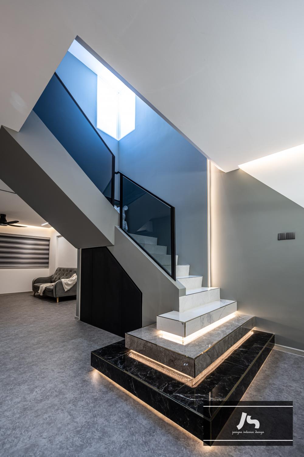 Modern Hallway with Marble Floor and Staircase