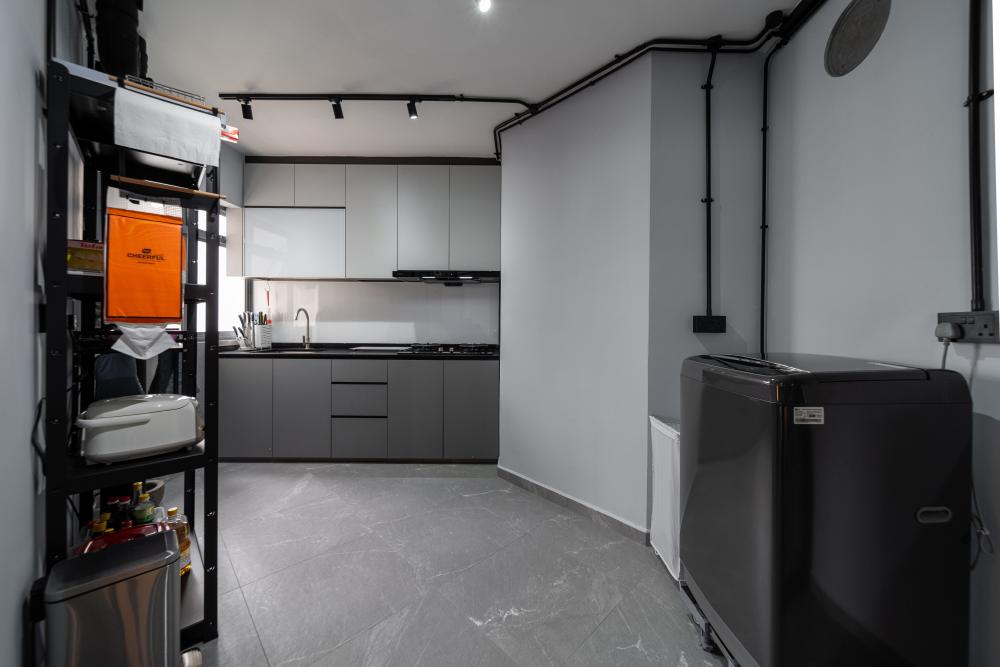 Industrial Kitchen with Cupboard and Breakfast Counter