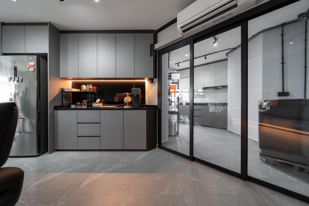 Industrial Kitchen with Countertop and Cupboard