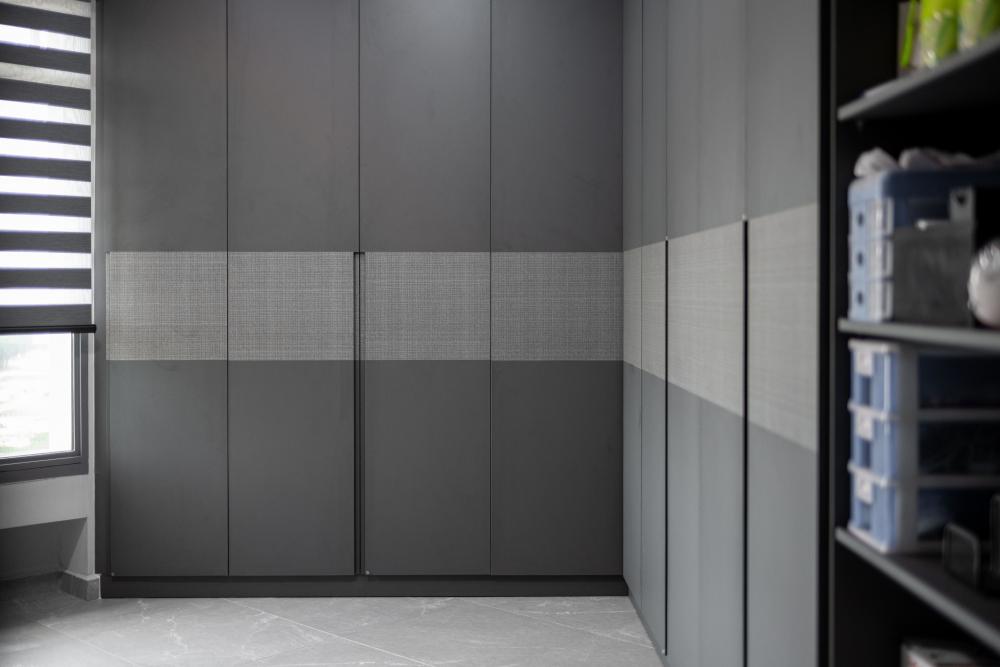 Industrial Bedroom with Homogeneous Tiles and Wardrobe