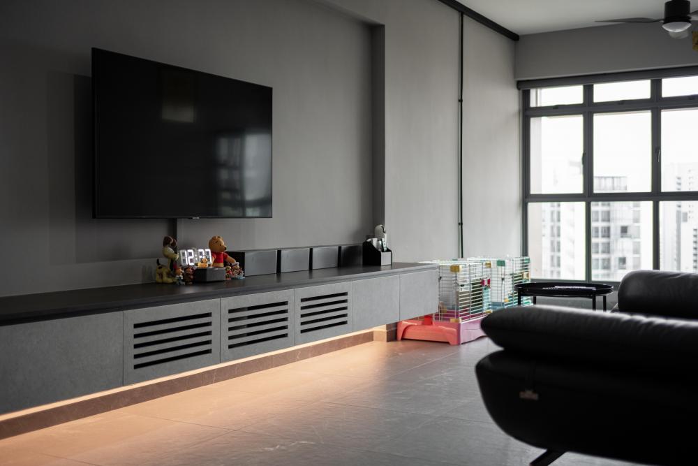 Industrial Living Room with TV Console and Feature Wall