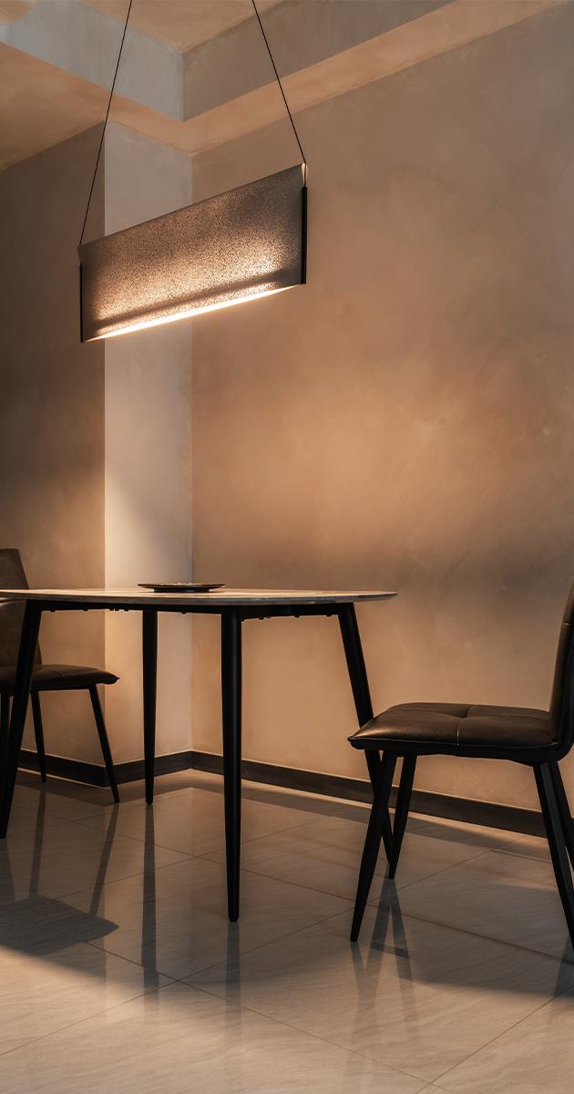 Minimalist Dining Room with Ceiling Light and Downlights