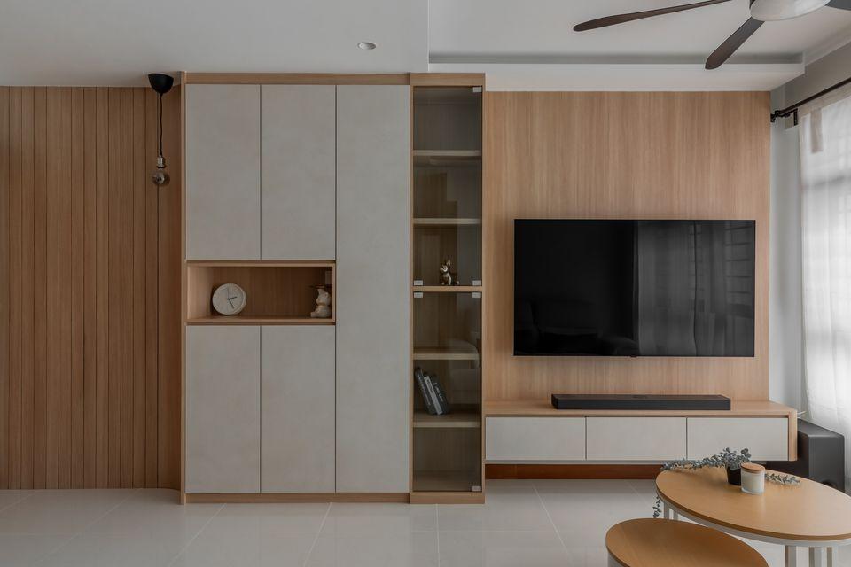 Contemporary Living Room with TV Console and Cove Lighting