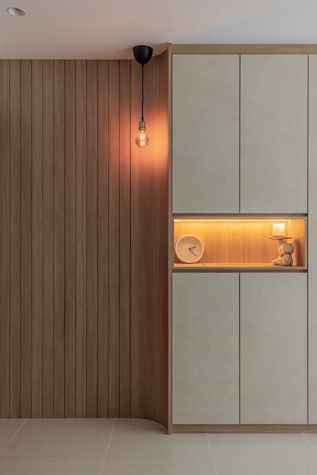 Contemporary Living Room with Feature Wall and Wood Feature Wall