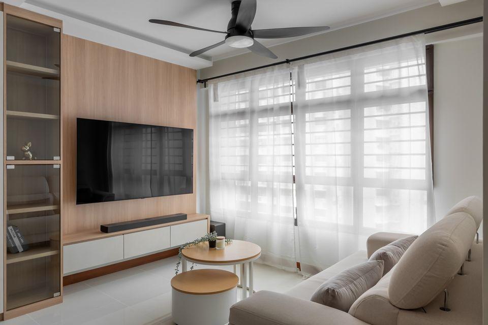Contemporary Living Room with TV Console and Cove Lighting