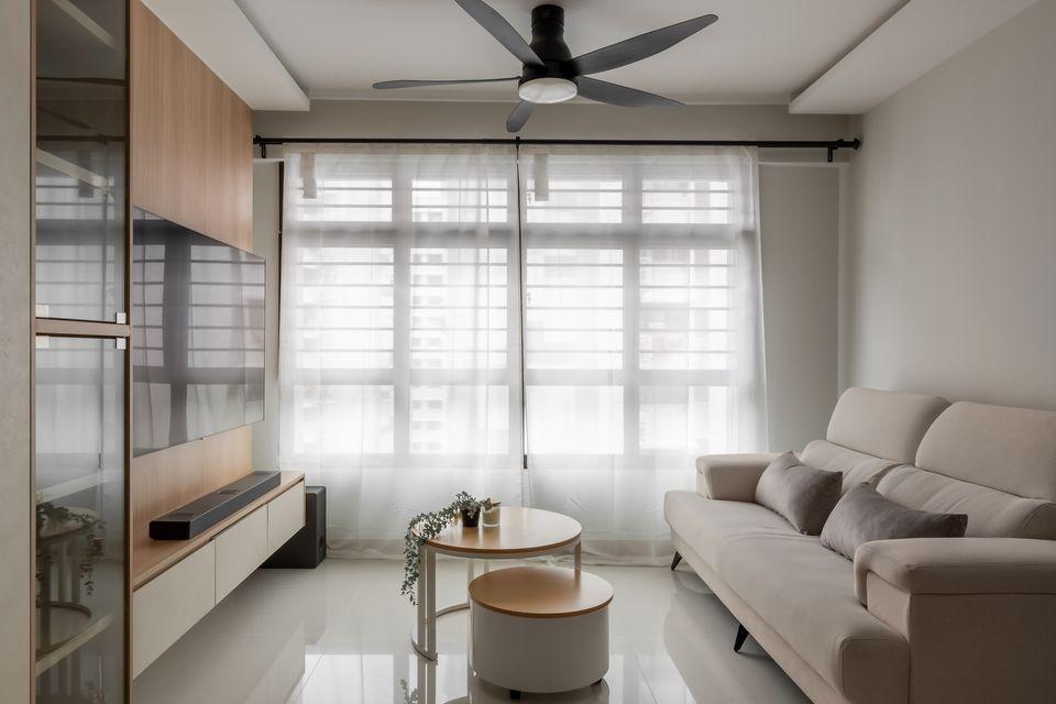 Contemporary Living Room with TV Console and Cove Lighting