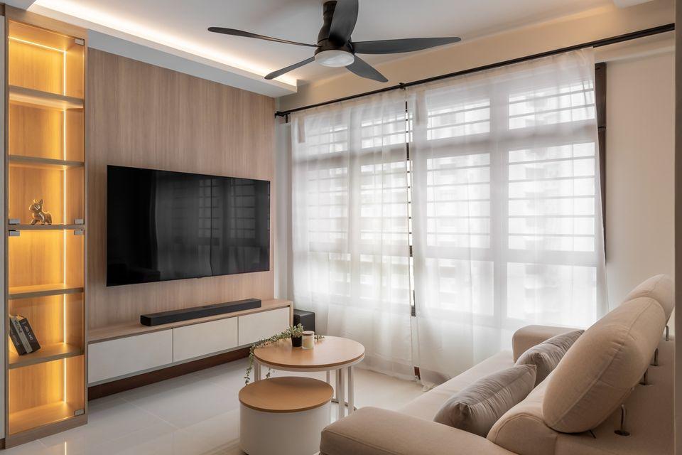 Contemporary Living Room with Homogeneous Tiles and TV Console