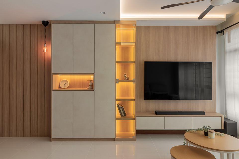 Contemporary Living Room with TV Console and Cove Lighting
