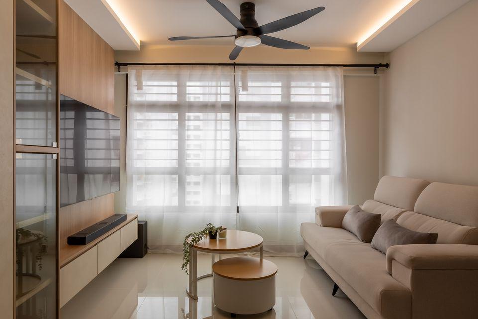 Contemporary Living Room with TV Console and Cove Lighting