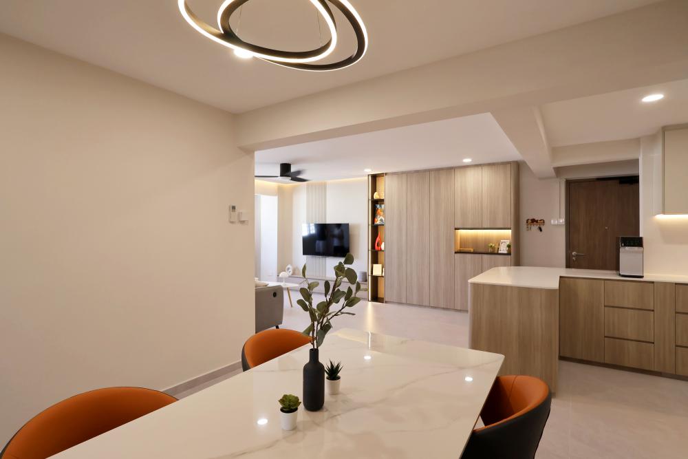 Contemporary Dining Room with TV Console and Dining Table
