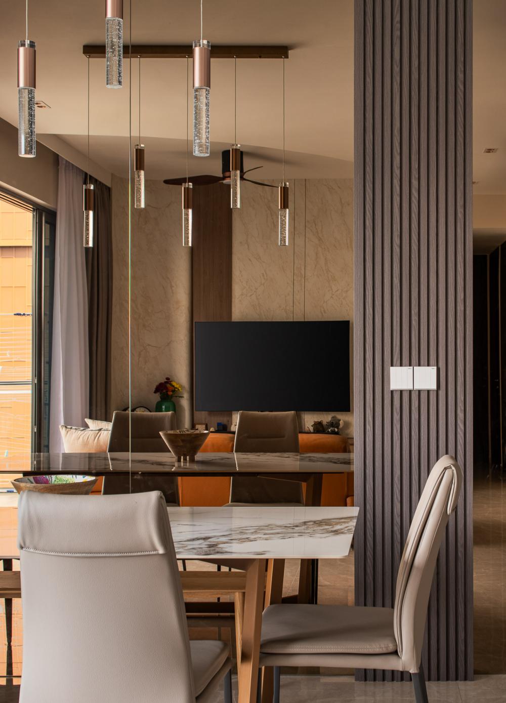 Contemporary Dining Room with Drop Light and Dining Table
