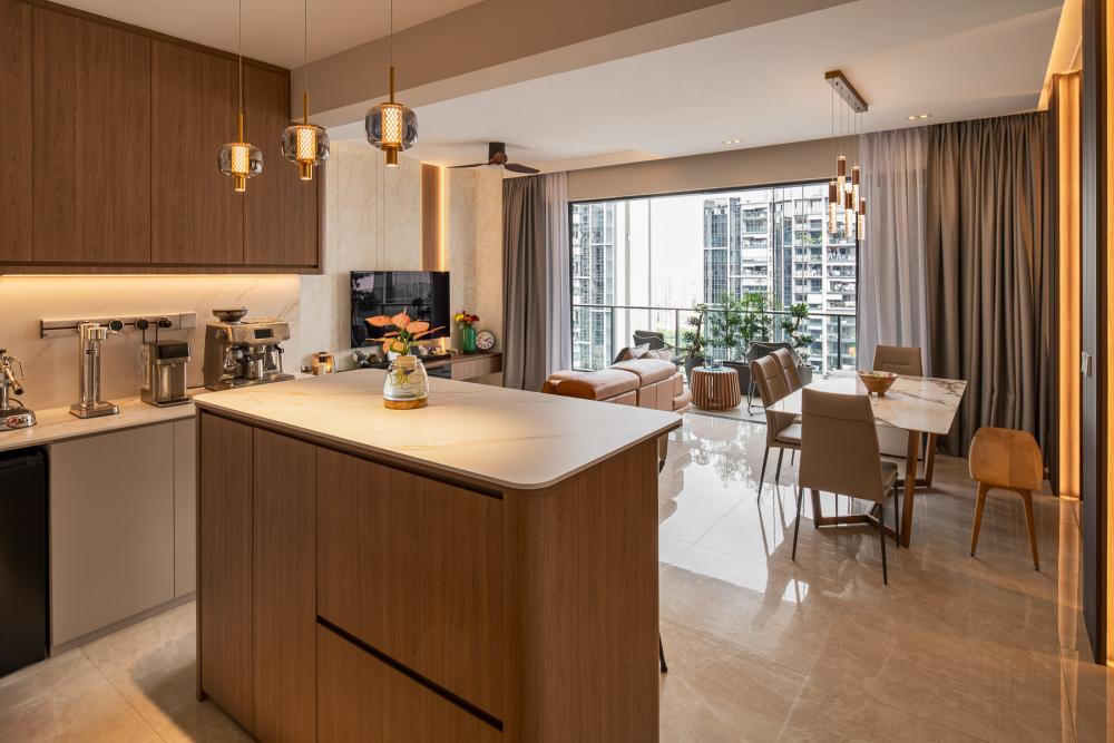 Contemporary Dining Room with Drop Light and Dining Table