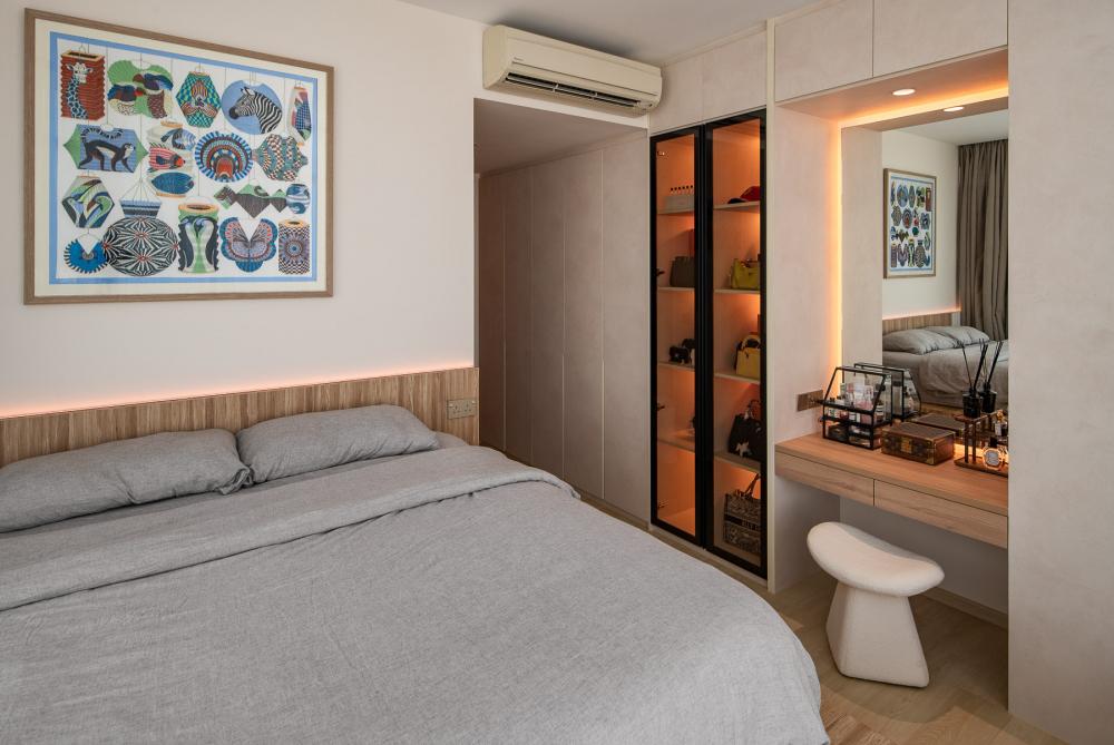 Contemporary Bedroom with Bookshelf and Vinyl Flooring