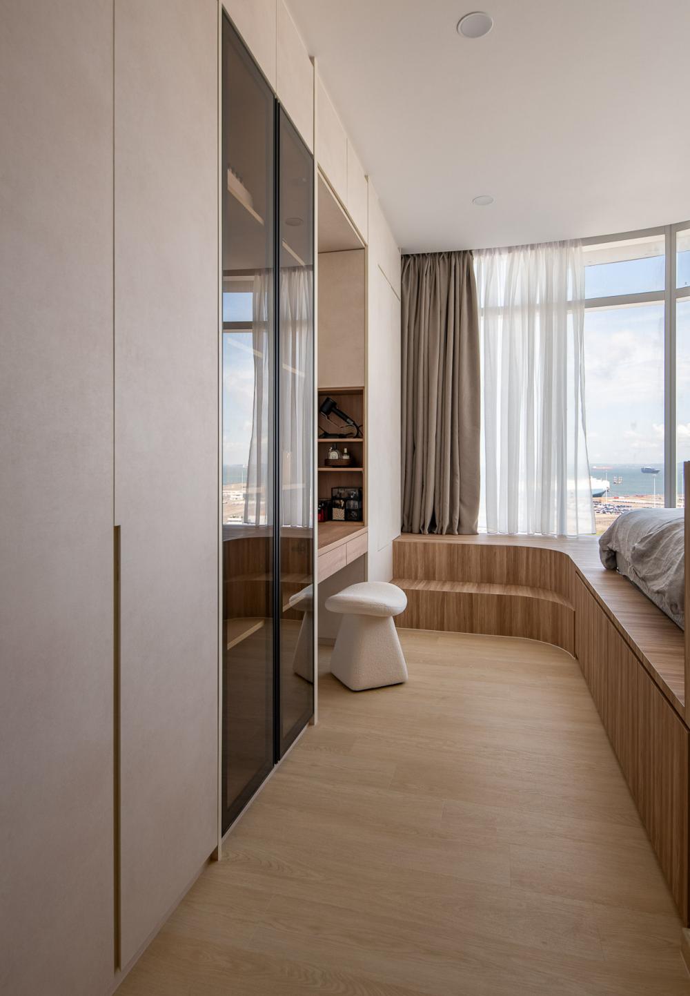 Contemporary Bedroom with Bookshelf and Platform Bed