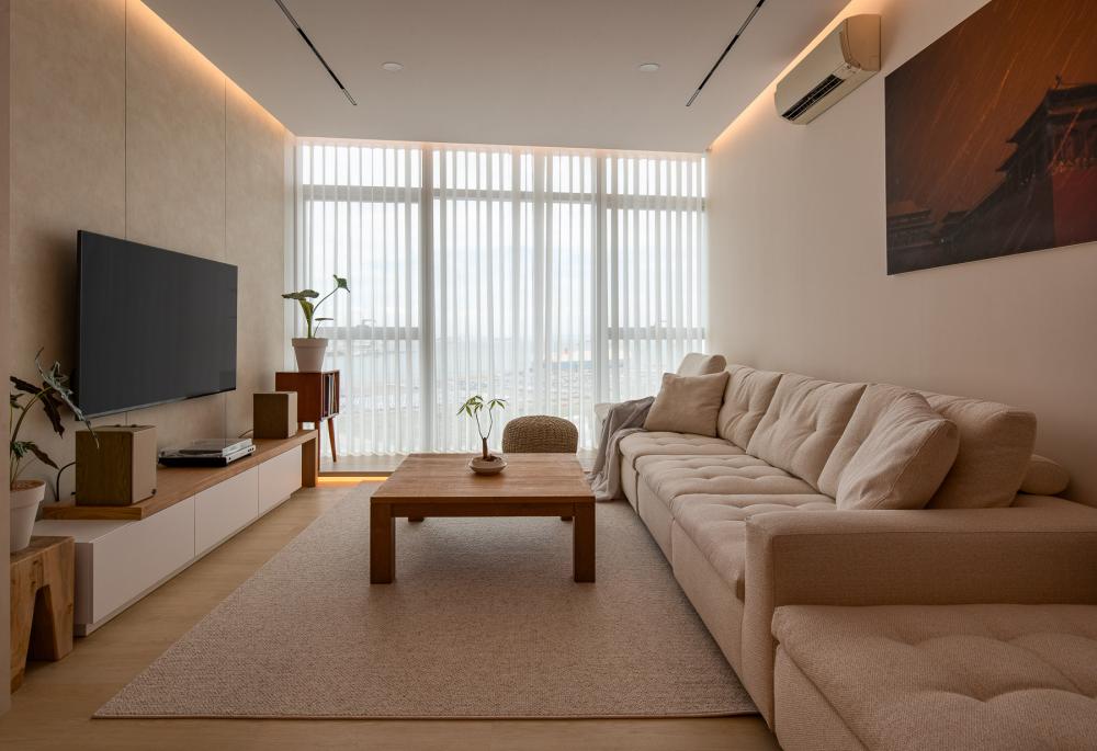 Contemporary Living Room with TV Console and Feature Wall